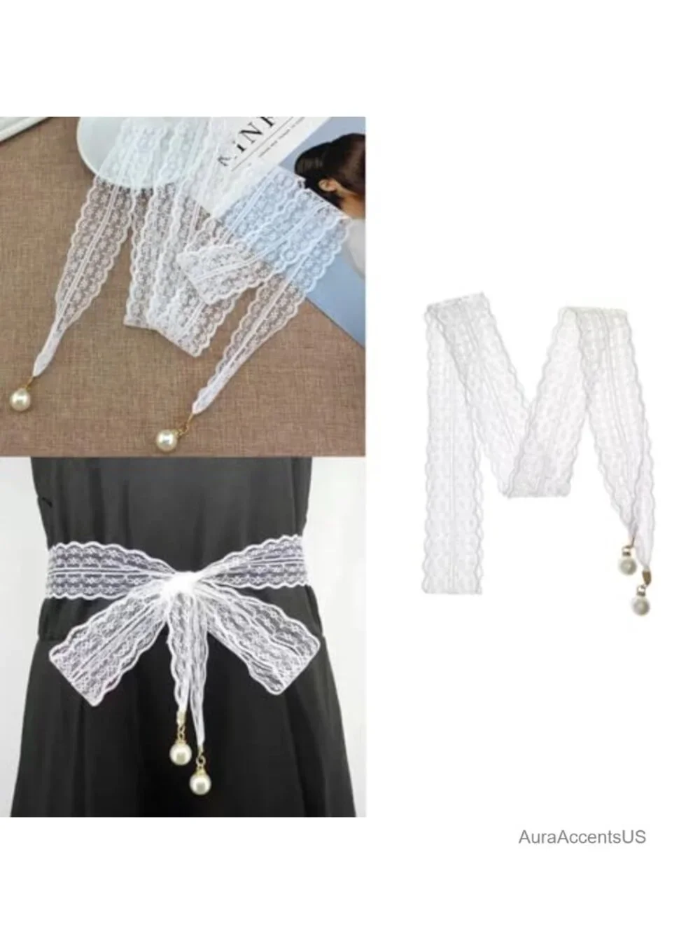 3 Pack Boho Lace Belt with Pearl Pendant Waist Belt for Dresses